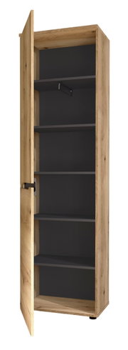 Offener Holzschrank mit mehreren Regalböden, seitliche Perspektive