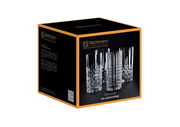 Verpackung des Nachtmann Highland Longdrink 4er Sets mit vier kristallklaren Gläsern, seitliche Perspektive