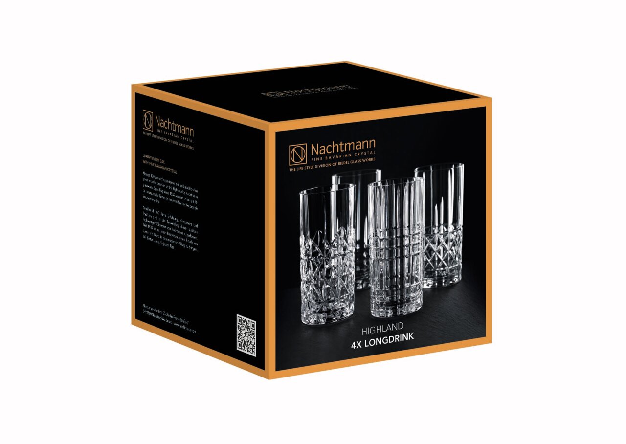 Verpackung des Nachtmann Highland Longdrink 4er Sets mit vier kristallklaren Gläsern, seitliche Perspektive