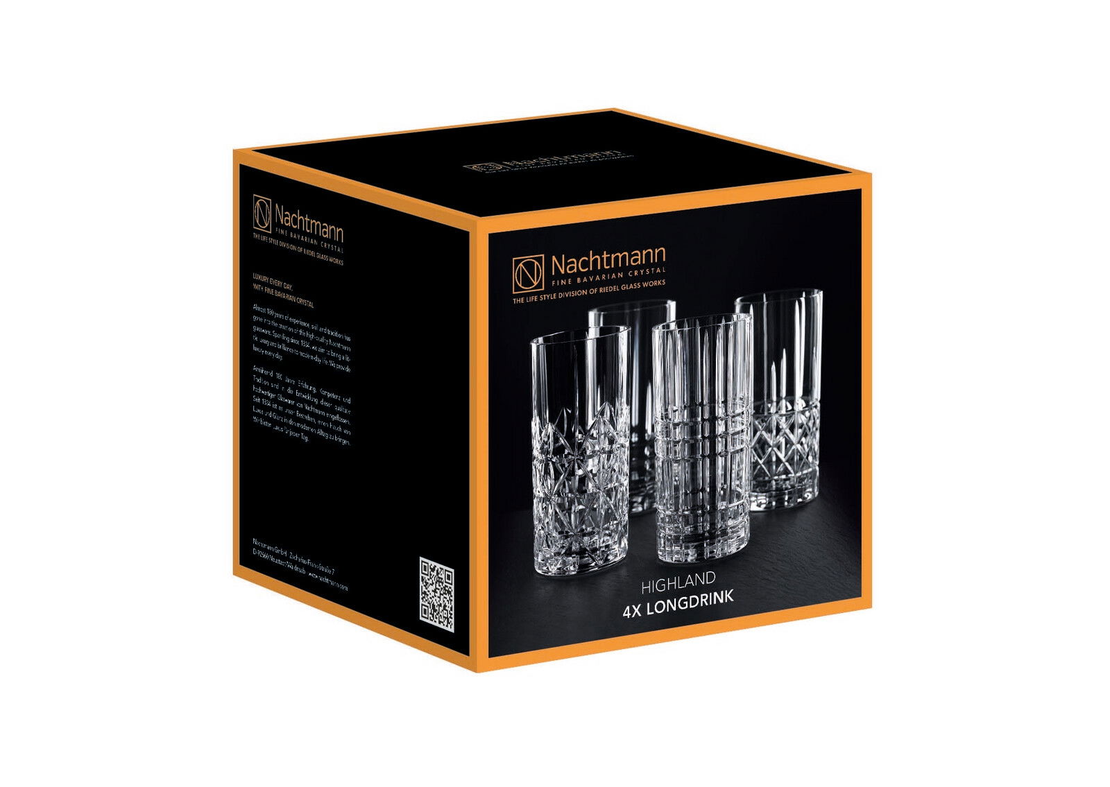 Verpackung des Nachtmann Highland Longdrink 4er Sets mit vier kristallklaren Gläsern, seitliche Perspektive