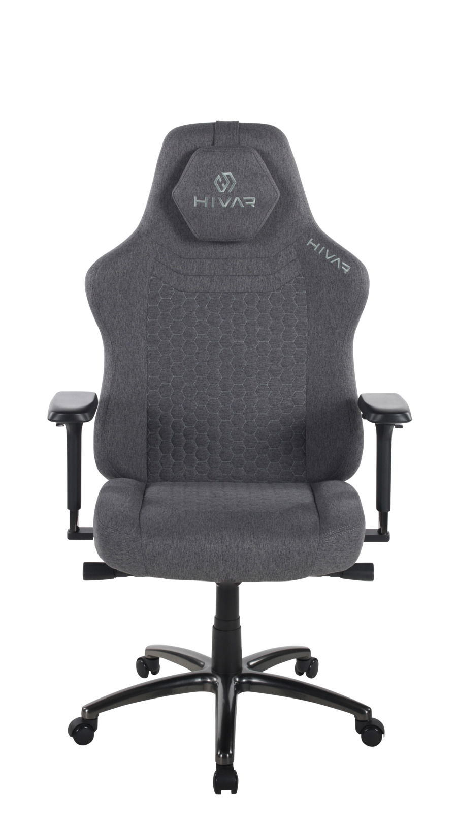 Grauer Gaming Stuhl mit ergonomischem Design, von vorne gesehen.