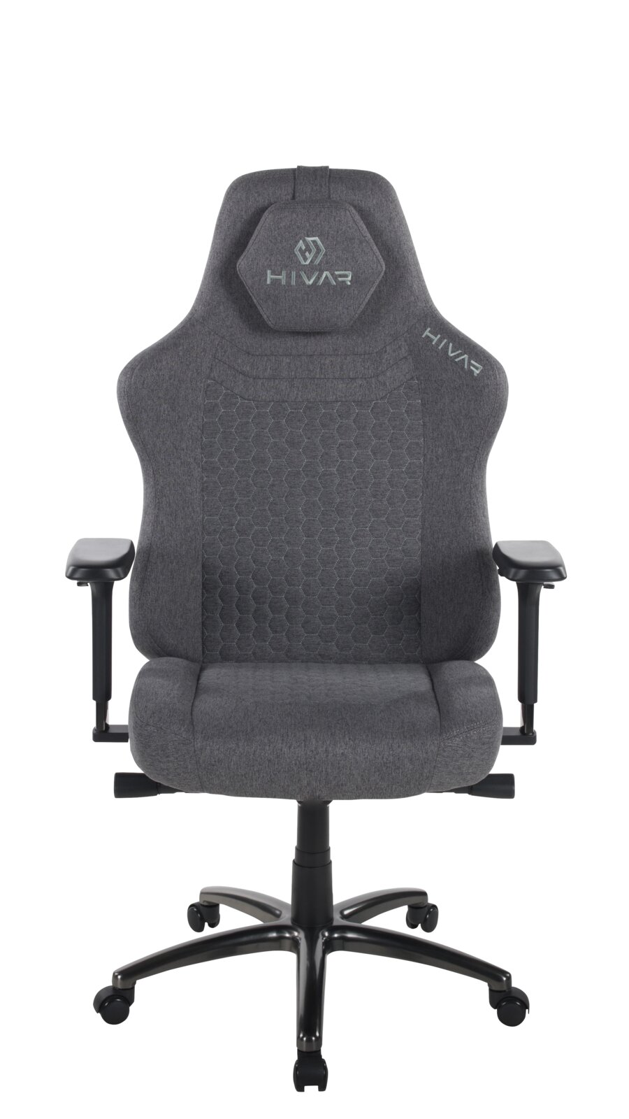 Grauer Gaming Stuhl mit ergonomischem Design, von vorne gesehen.