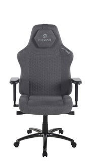 Grauer Gaming Stuhl mit ergonomischem Design, von vorne gesehen.