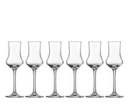 Sechs elegante Schnapsgläser in einer geraden Frontansicht, ideal für stilvolle Anlässe.