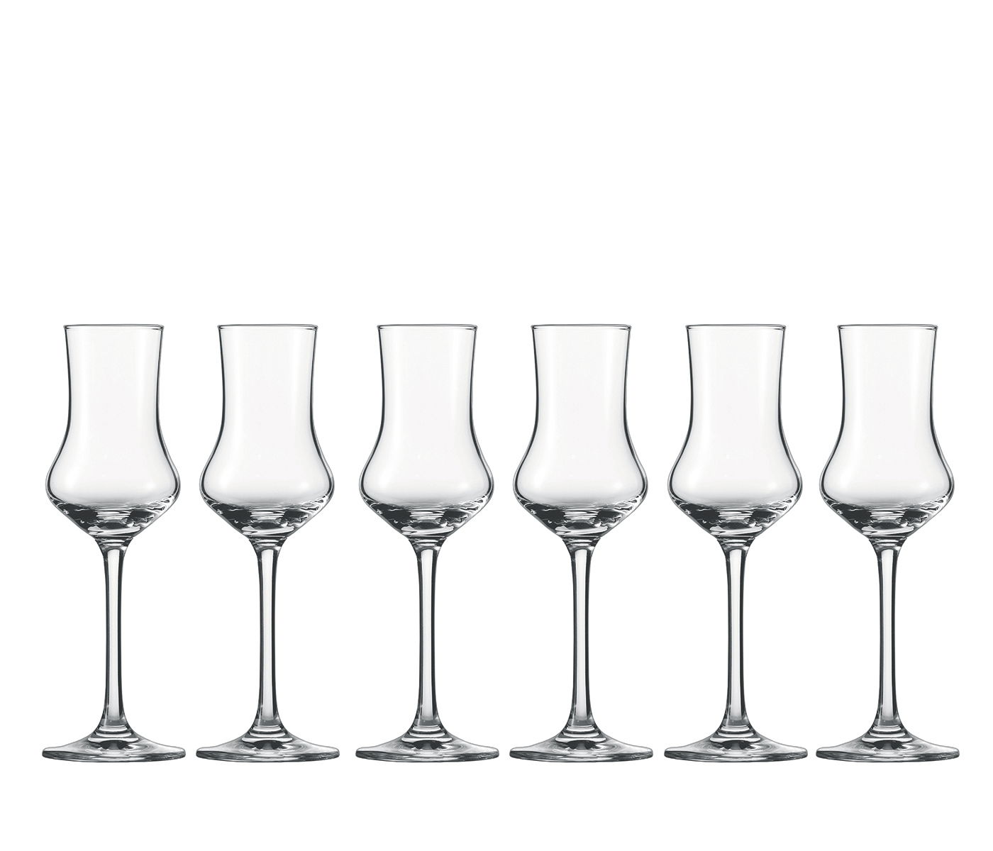 SCHOTT ZWIESEL Digestif 6-tlg. CLASSICO Sechs elegante Schnapsgläser in einer geraden Frontansicht, ideal für stilvolle Anlässe.