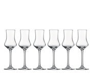 Sechs elegante Schnapsgläser in einer geraden Frontansicht, ideal für stilvolle Anlässe.