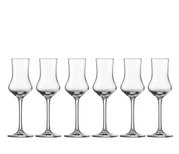Zes elegante borrelglaasjes in een recht vooraanzicht, ideaal voor stijlvolle gelegenheden.