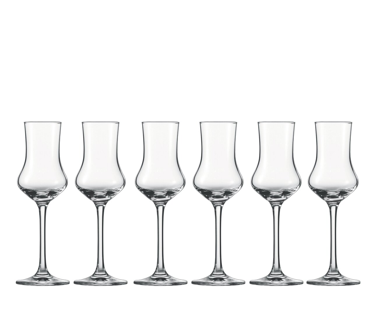 Zes elegante borrelglaasjes in een recht vooraanzicht, ideaal voor stijlvolle gelegenheden.