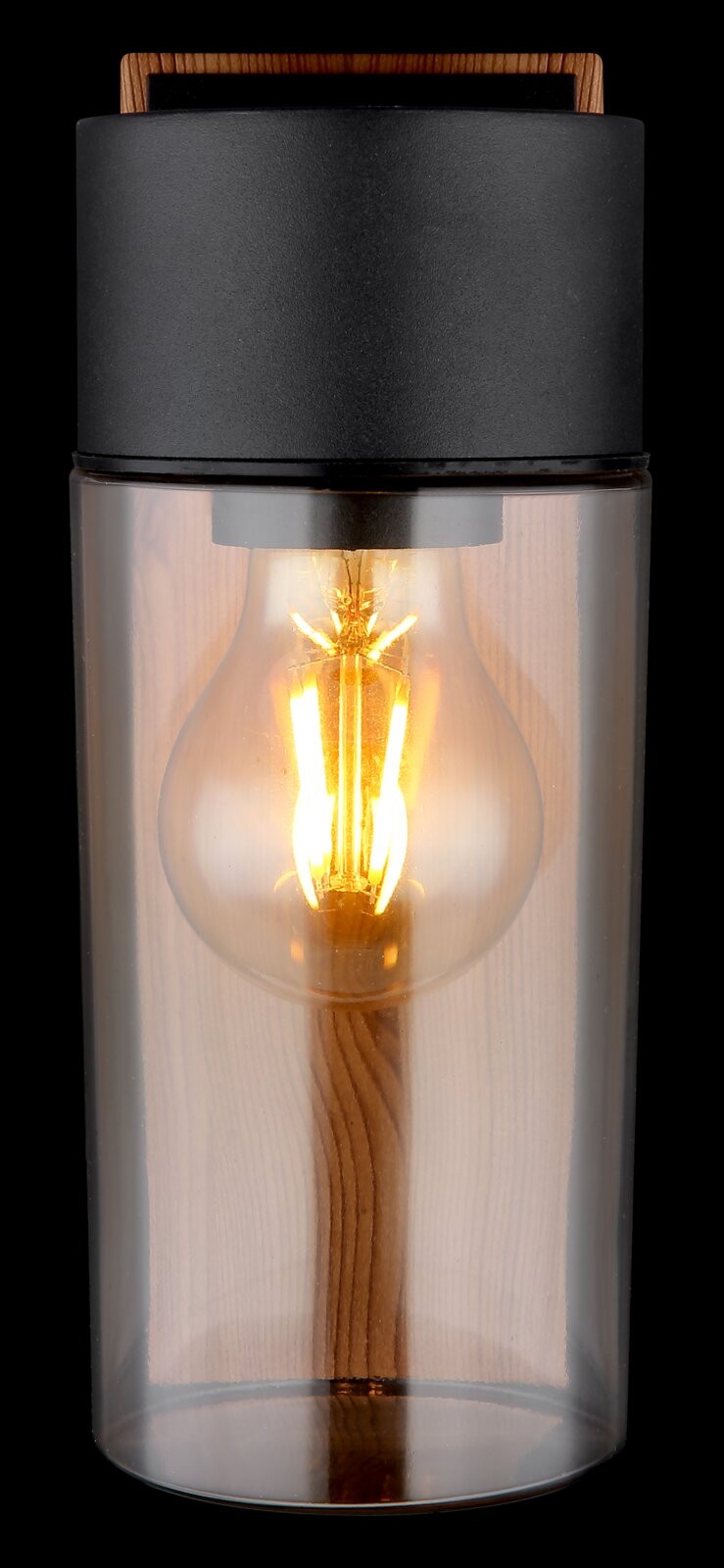 Moderne Außenleuchte mit Glaszylinder und sichtbarer Glühbirne, Frontalansicht