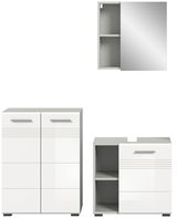 Badezimmermöbel-Set bestehend aus einem Spiegelschrank, einem Hochschrank und einem Unterschrank, frontal abgebildet.