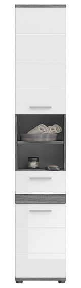 Moderner Hochschrank mit weißer Front und grauen Akzenten, frontal abgebildet. Offenes Fach mit Handtüchern und Pflegeprodukten.
