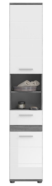 Moderner Hochschrank mit weißer Front und grauen Akzenten, frontal abgebildet. Offenes Fach mit Handtüchern und Pflegeprodukten.