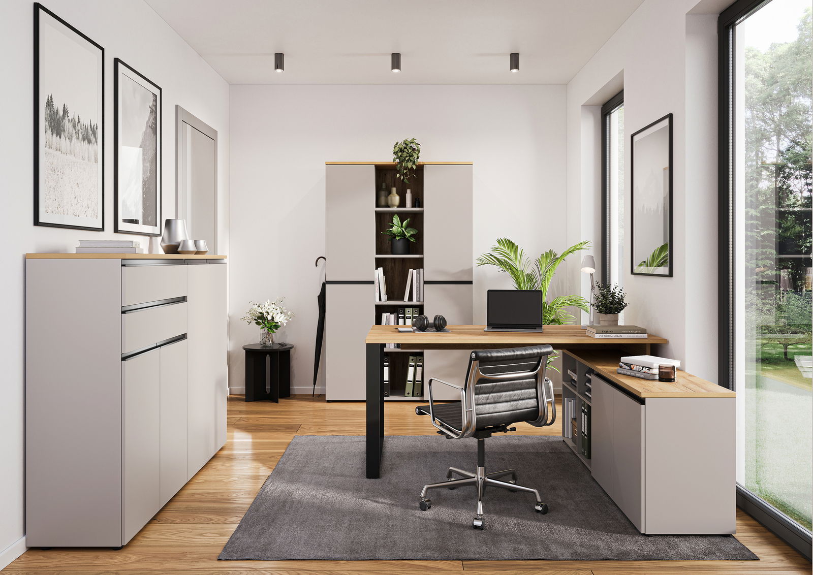 Moderner Büroraum mit Kombischrank, Schreibtisch und Stuhl, seitliche Perspektive
