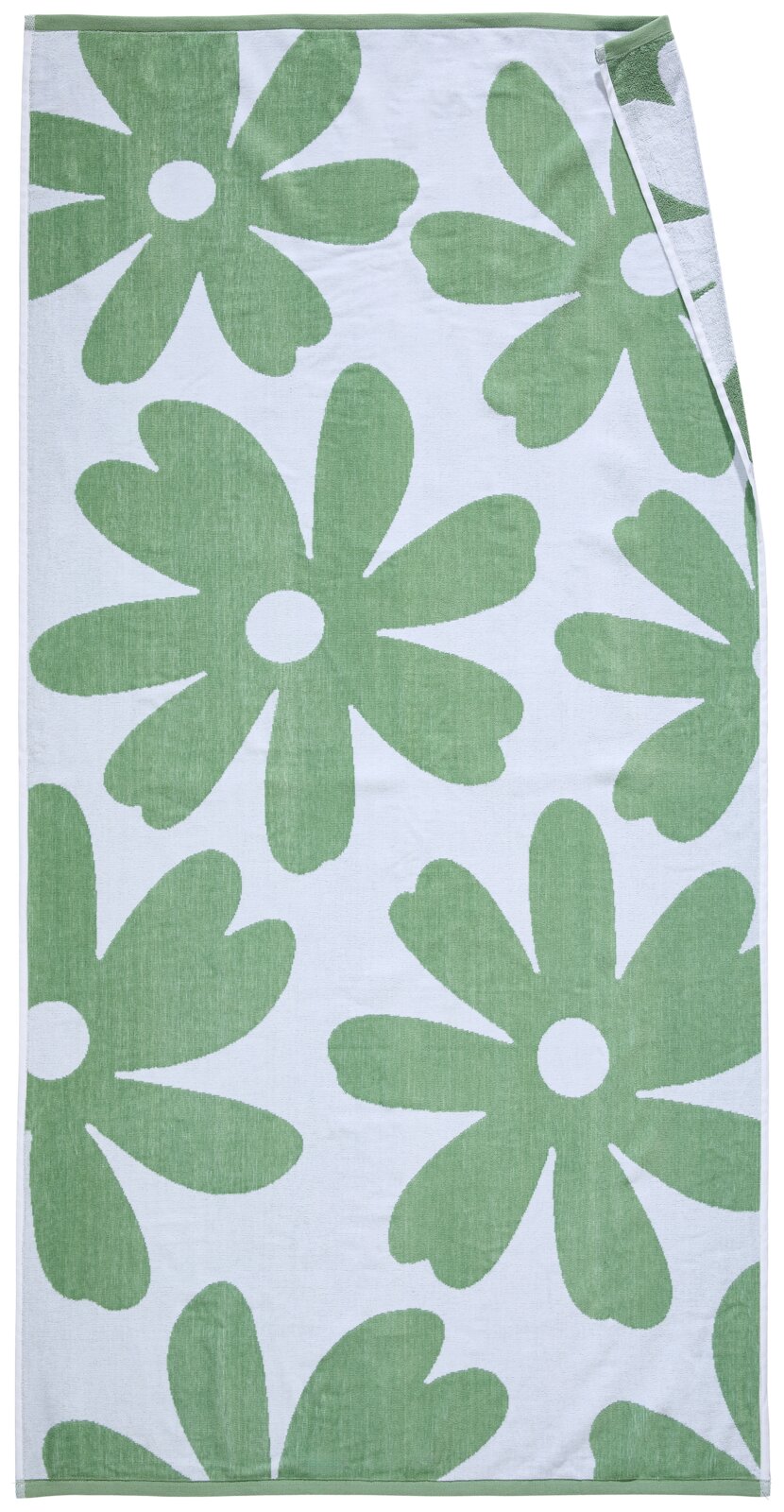 Weißes Handtuch/Badetuch mit großem grünen Blumenmuster und grüner Bordüre, flach von oben (Frontansicht) fotografiert