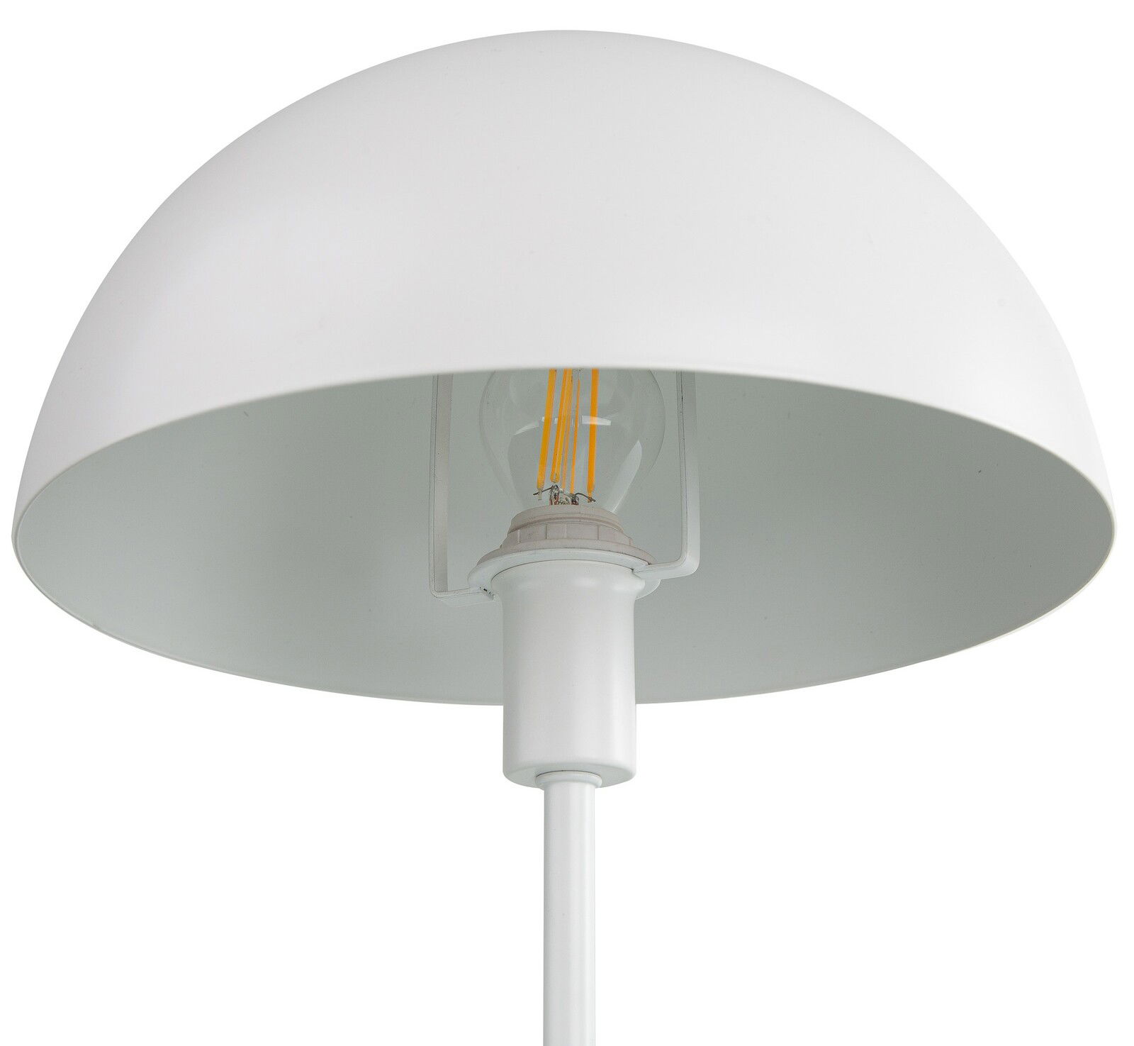 Nahaufnahme einer weißen Tischleuchte MEIKE mit halbrundem Lampenschirm und sichtbarer Glühbirne von unten.