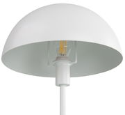 Nahaufnahme einer weißen Tischleuchte MEIKE mit halbrundem Lampenschirm und sichtbarer Glühbirne von unten.