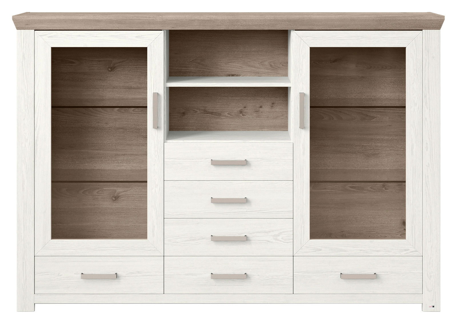 Frontansicht eines modernen Highboards mit zwei Glastüren, vier Schubladen und offenen Regalfächern in Holzoptik.