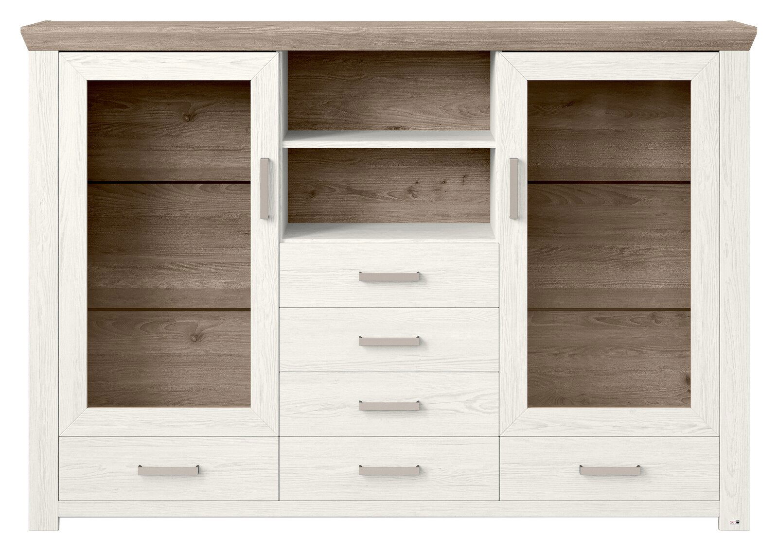 Frontansicht eines modernen Highboards mit zwei Glastüren, vier Schubladen und offenen Regalfächern in Holzoptik.