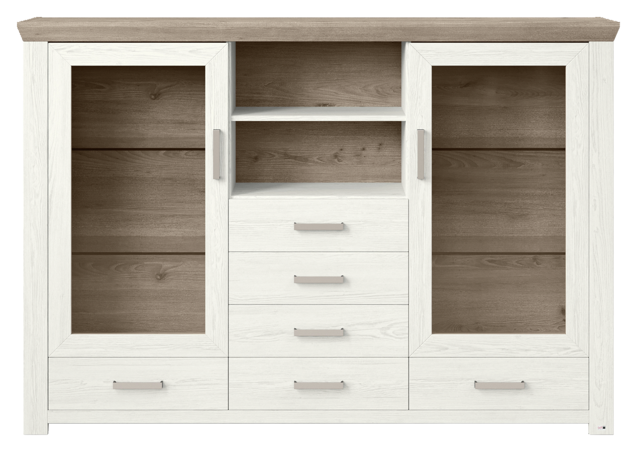 Frontansicht eines modernen Highboards mit zwei Glastüren, vier Schubladen und offenen Regalfächern in Holzoptik.