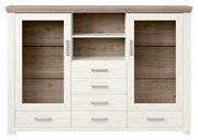 Frontansicht eines modernen Highboards mit zwei Glastüren, vier Schubladen und offenen Regalfächern in Holzoptik.