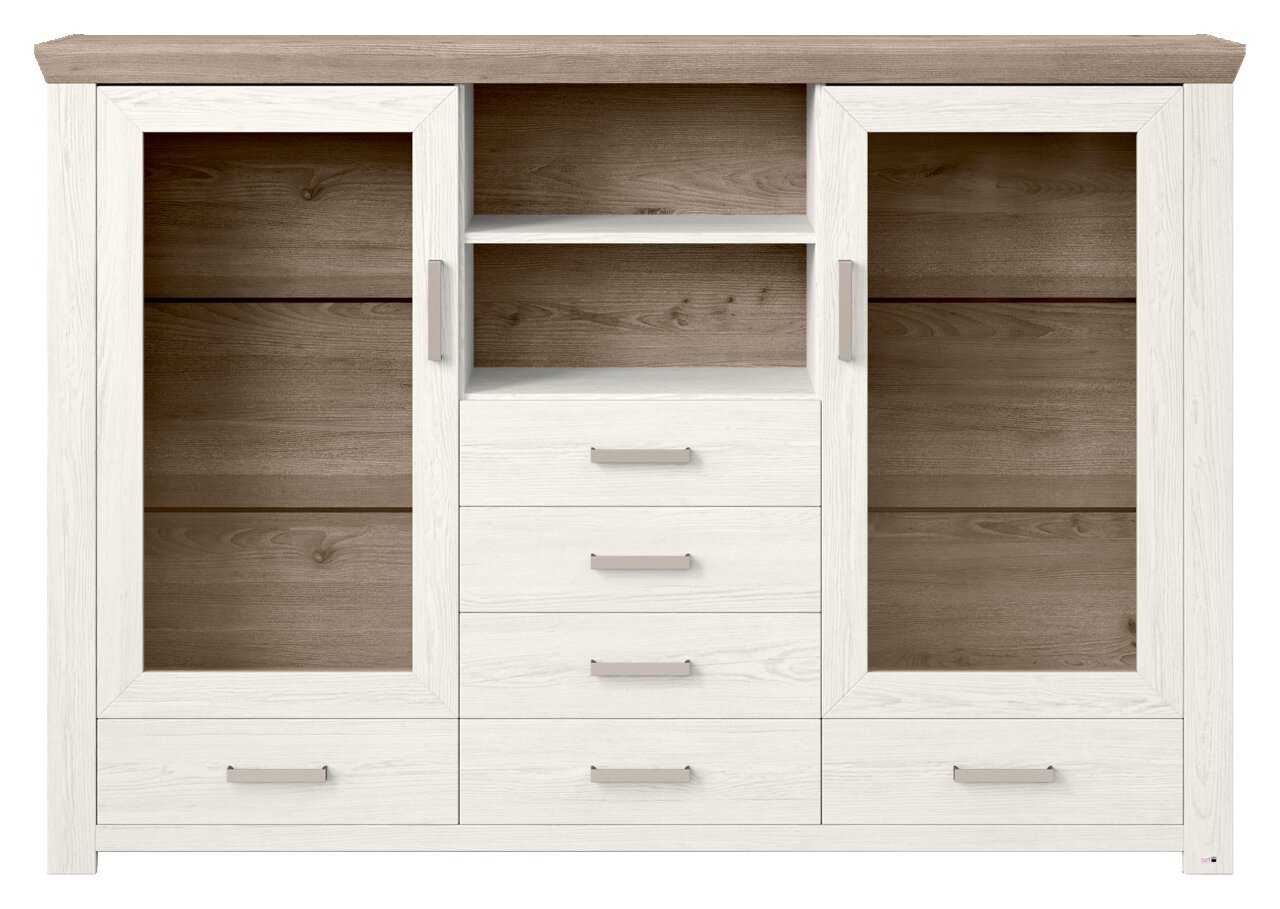 Frontansicht eines modernen Highboards mit zwei Glastüren, vier Schubladen und offenen Regalfächern in Holzoptik.