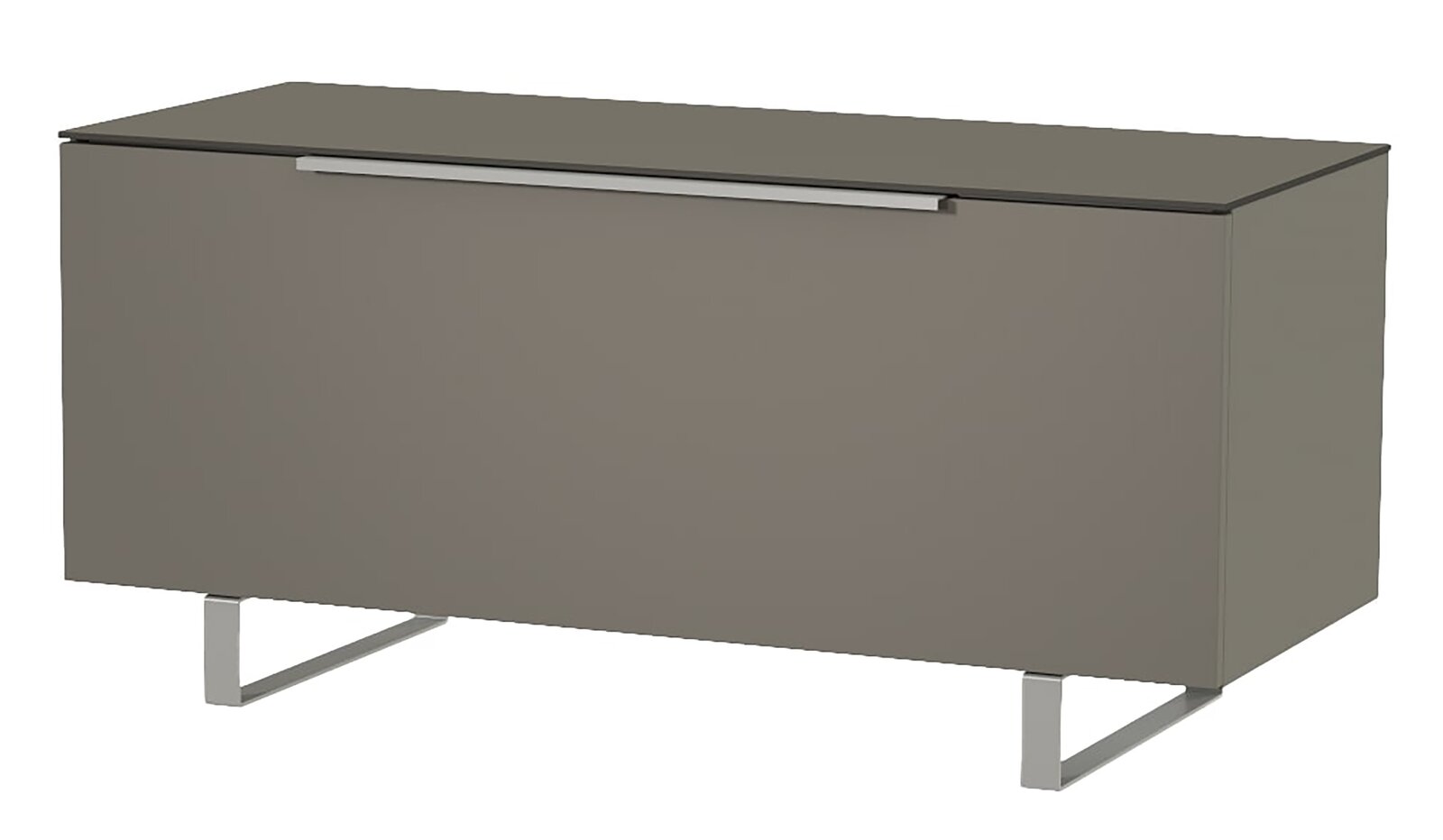 TV-Lowboard Moderano Serie BORMIO in grauer Farbe, frontale Perspektive, mit modernem Design und Metallfüßen