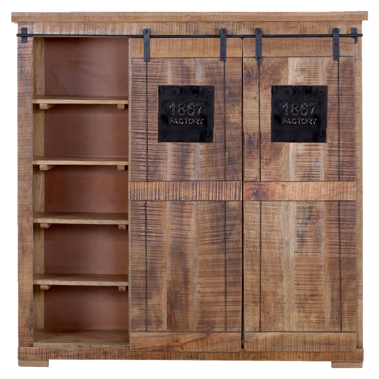Rustikales Highboard aus Holz mit Schiebetüren und Metallakzenten, Frontalansicht