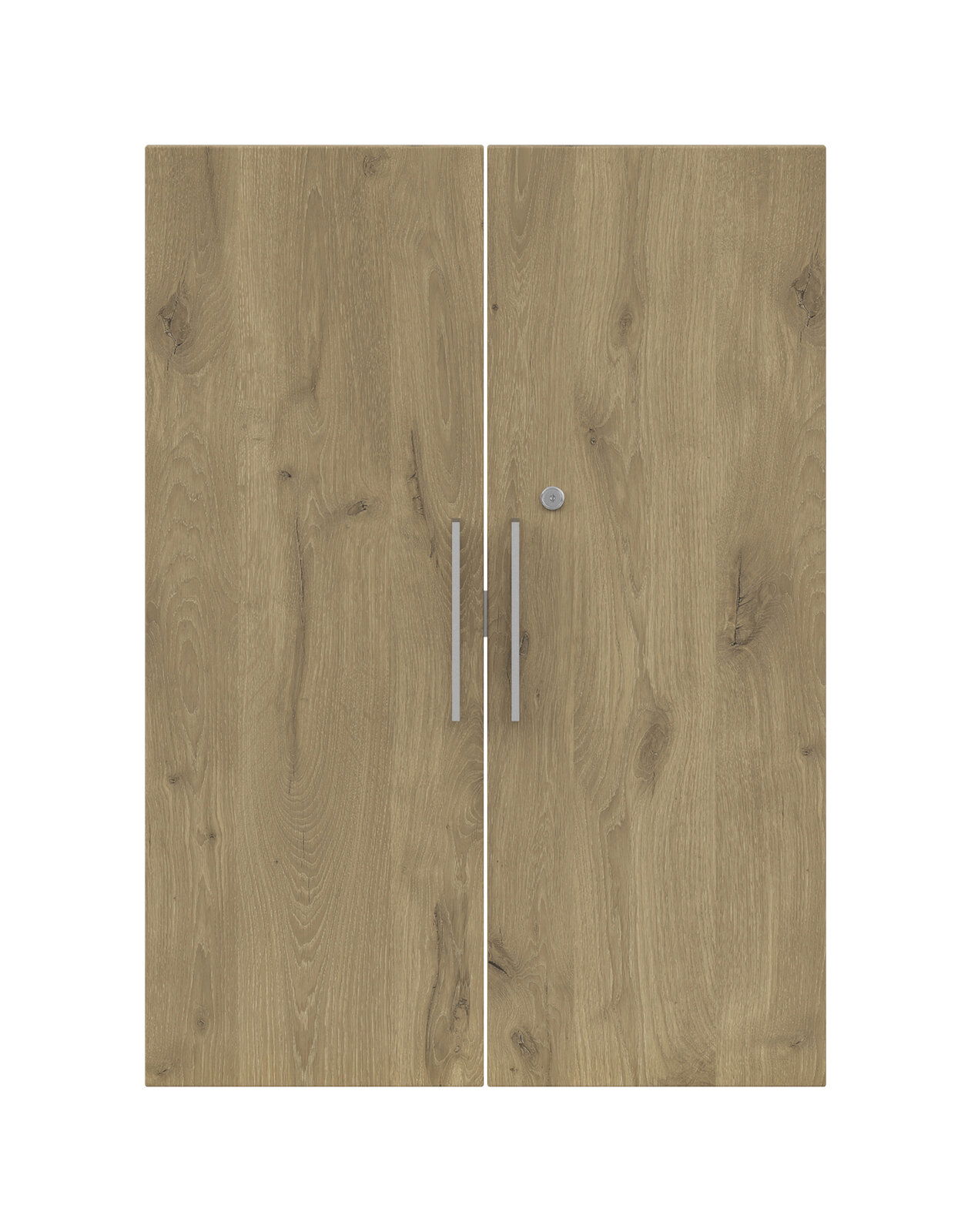 Zweiflügelige Holztüren mit natürlicher Holzmaserung und silbernen Griffen, Frontalansicht