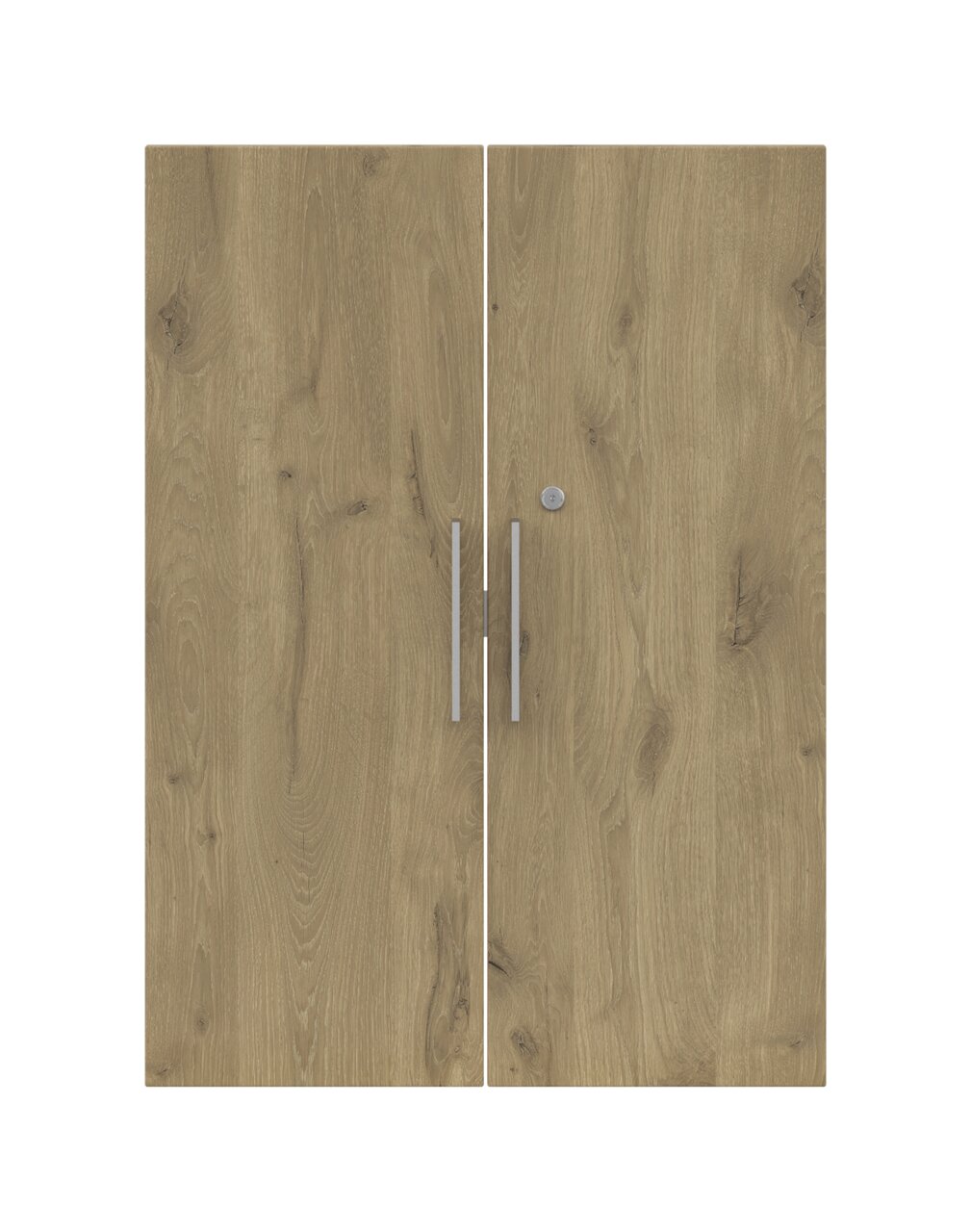Zweiflügelige Holztüren mit natürlicher Holzmaserung und silbernen Griffen, Frontalansicht