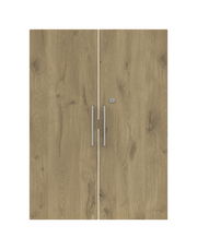 Zweiflügelige Holztüren mit natürlicher Holzmaserung und silbernen Griffen, Frontalansicht