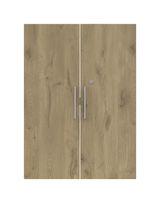 Zweiflügelige Holztüren mit natürlicher Holzmaserung und silbernen Griffen, Frontalansicht