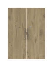 Zweiflügelige Holztüren mit natürlicher Holzmaserung und silbernen Griffen, Frontalansicht