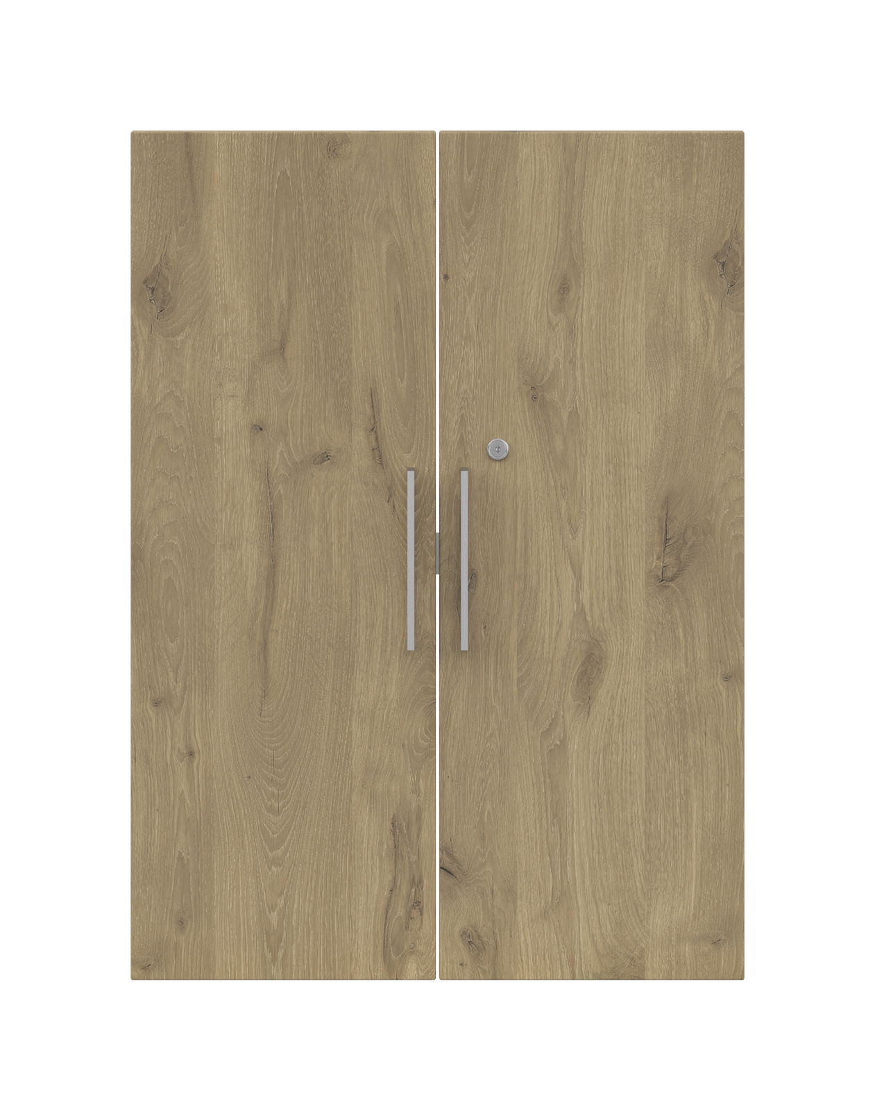 Zweiflügelige Holztüren mit natürlicher Holzmaserung und silbernen Griffen, Frontalansicht