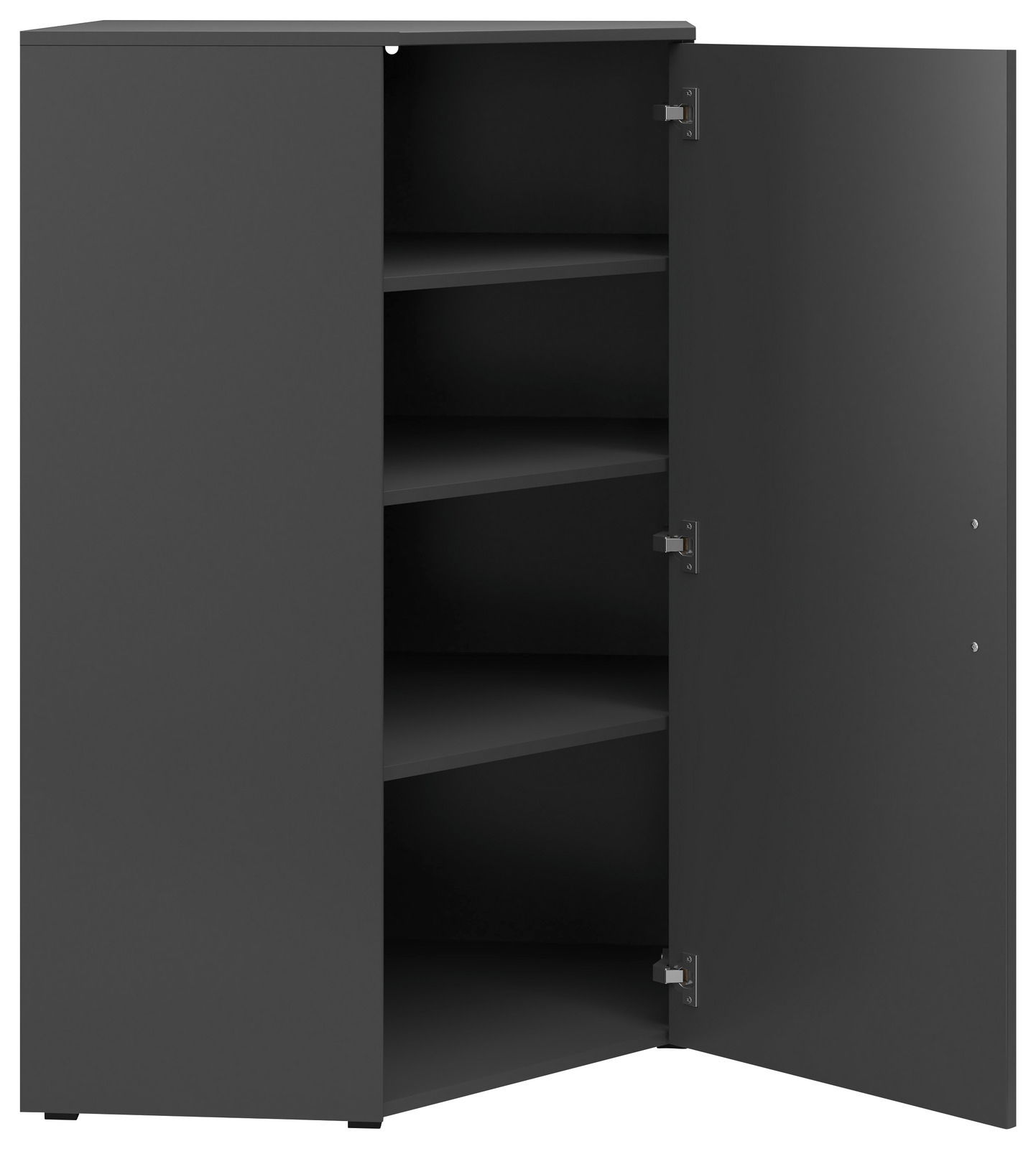 Eckkommode in dunklem Design mit geöffneter Tür, zeigt mehrere Regalböden, Perspektive von vorne.