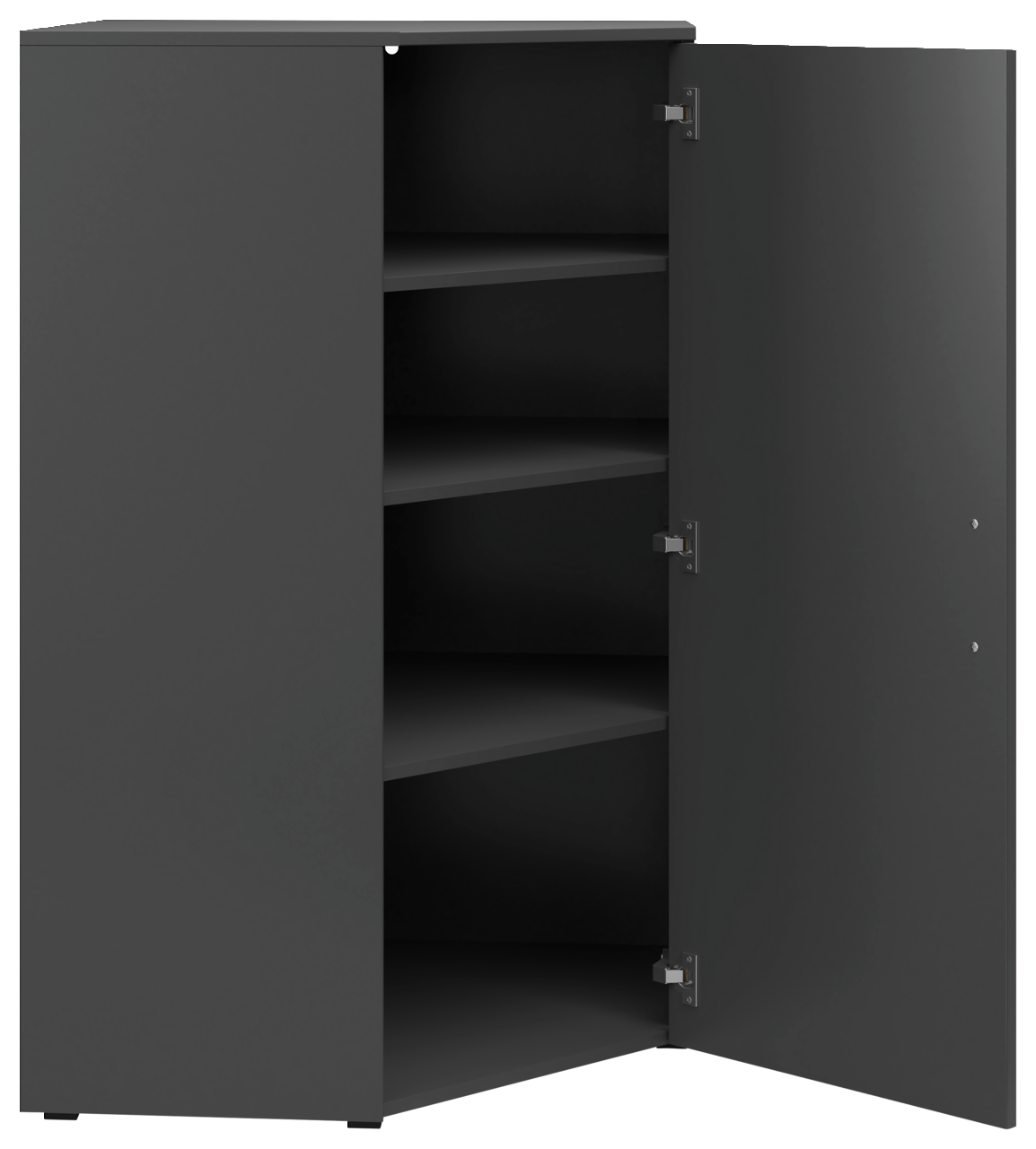 Eckkommode in dunklem Design mit geöffneter Tür, zeigt mehrere Regalböden, Perspektive von vorne.