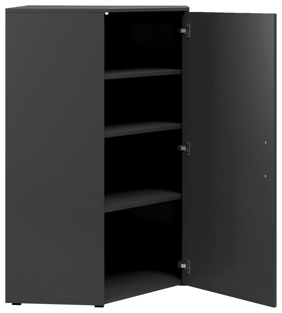 Eckkommode in dunklem Design mit geöffneter Tür, zeigt mehrere Regalböden, Perspektive von vorne.