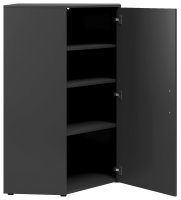 Eckkommode in dunklem Design mit geöffneter Tür, zeigt mehrere Regalböden, Perspektive von vorne.