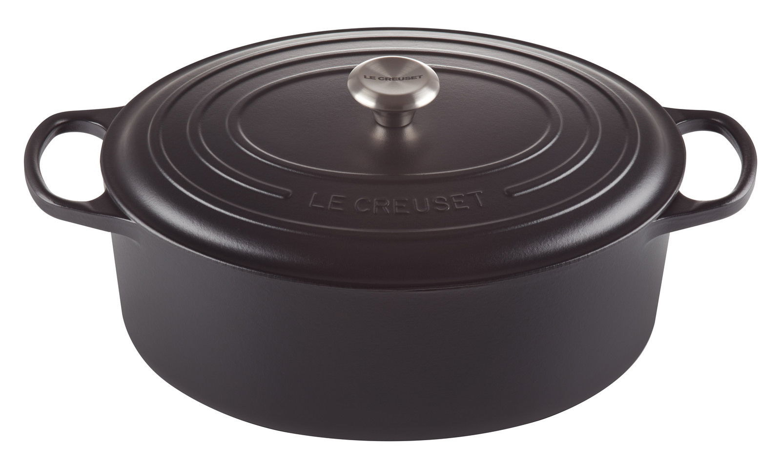 Schwarzer ovaler Bräter von Le Creuset, 35 cm, aus seitlicher Perspektive