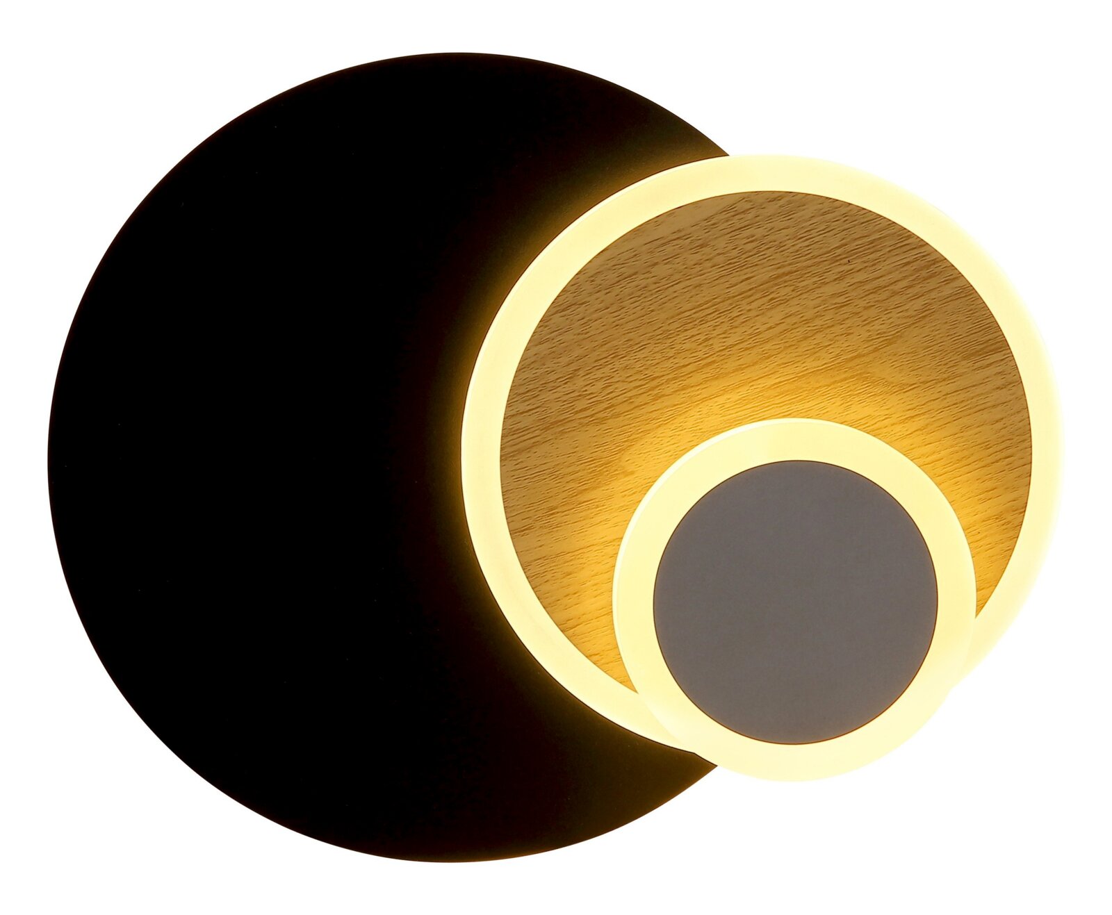 Moderne runde LED-Deckenleuchte in Schwarz mit warmweiß leuchtendem Ring und Holzoptik-Innenfläche, Draufsicht von unten