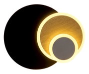 Moderne runde LED-Deckenleuchte in Schwarz mit warmweiß leuchtendem Ring und Holzoptik-Innenfläche, Draufsicht von unten