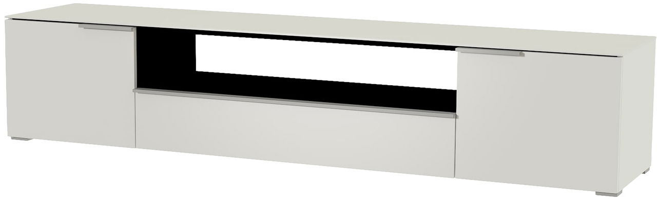 Weißes XL TV-Lowboard mit zwei Türen und einer Schublade, seitliche Perspektive