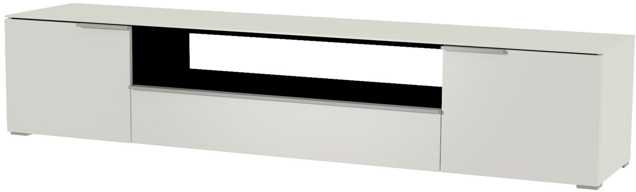 Weißes XL TV-Lowboard mit zwei Türen und einer Schublade, seitliche Perspektive
