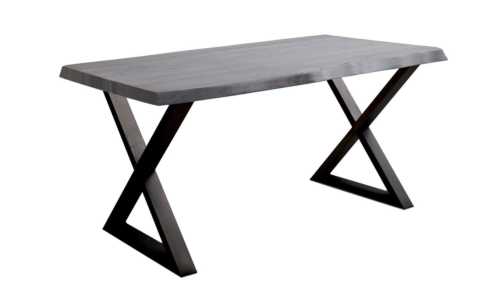 Moderner Esstisch mit X-förmigen Beinen aus schwarzem Metall und einer rechteckigen Tischplatte aus Holz, seitliche Perspektive.