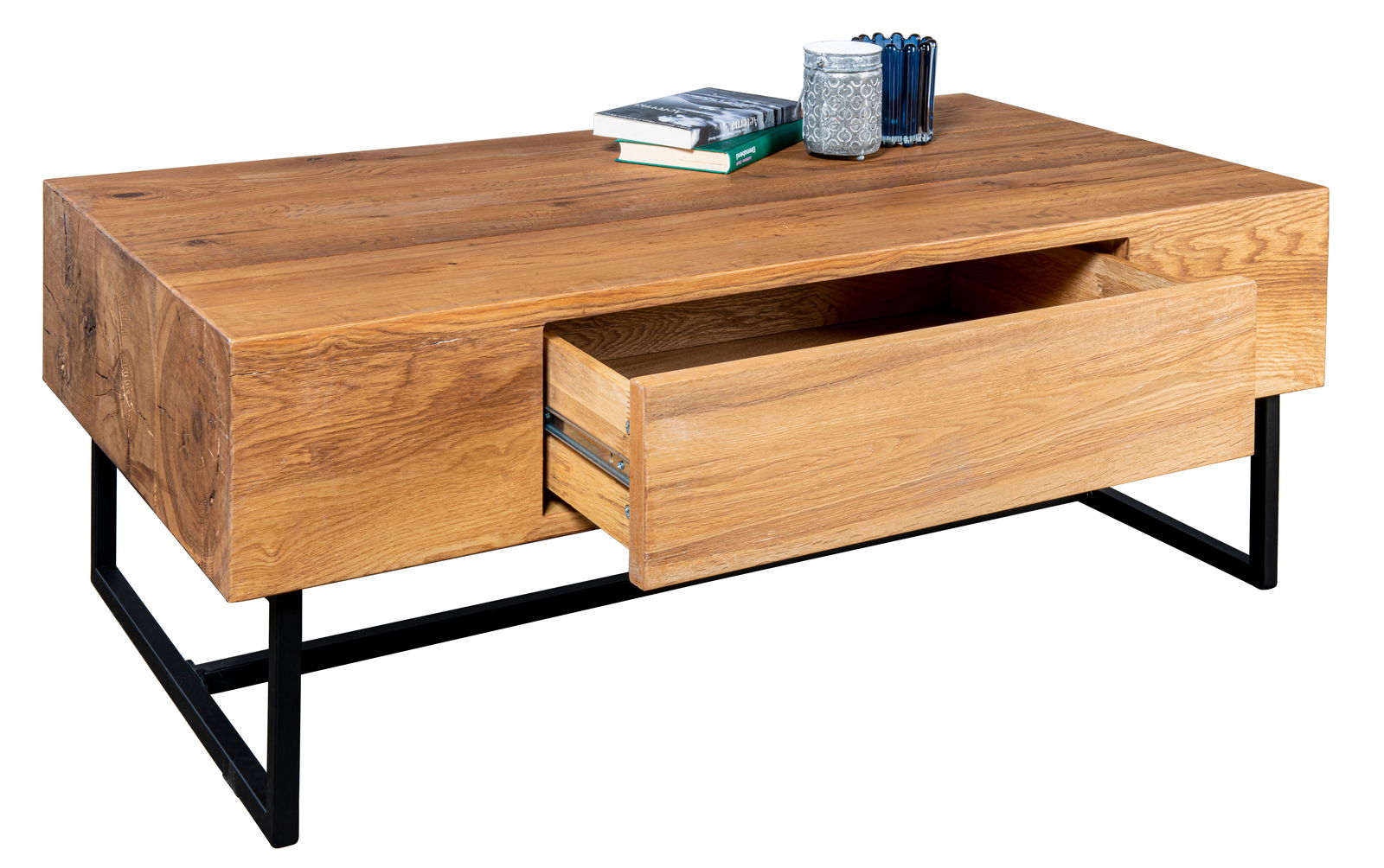 Moderner Couchtisch aus Holz mit schwarzem Metallgestell, Schublade geöffnet, seitliche Perspektive