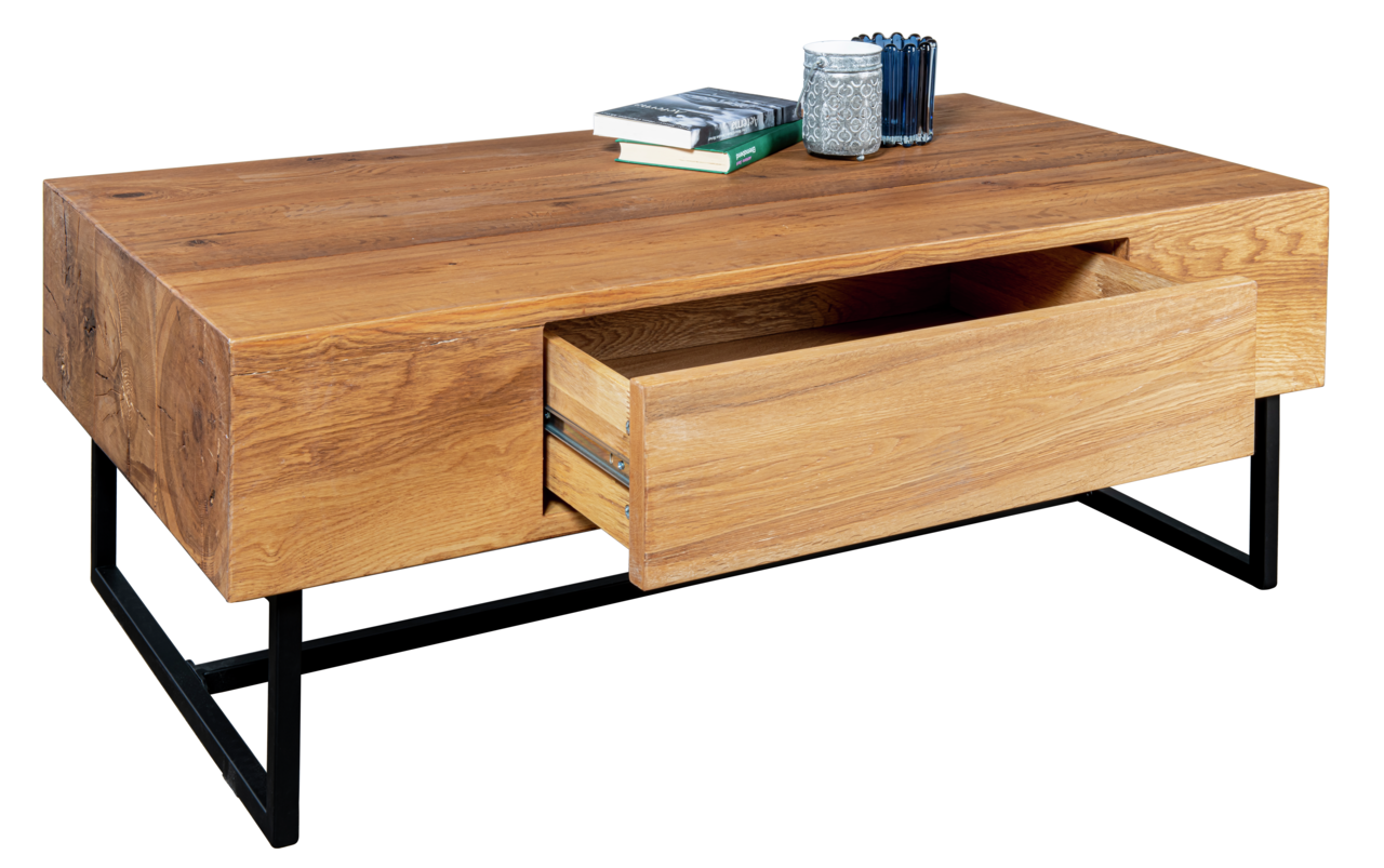 Moderner Couchtisch aus Holz mit schwarzem Metallgestell, Schublade geöffnet, seitliche Perspektive