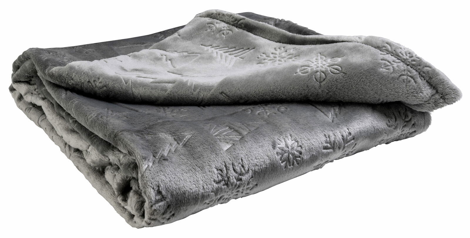 Graue Wohndecke mit eingeprägten Schneeflocken- und Tannenbaum-Motiven, seitliche Perspektive