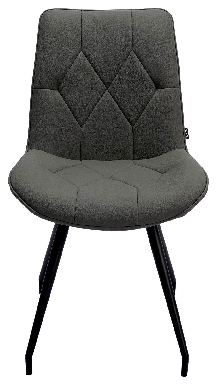 Vorderansicht eines modernen, grauen Stuhls mit gepolsterter Sitzfläche und schwarzen Metallbeinen.