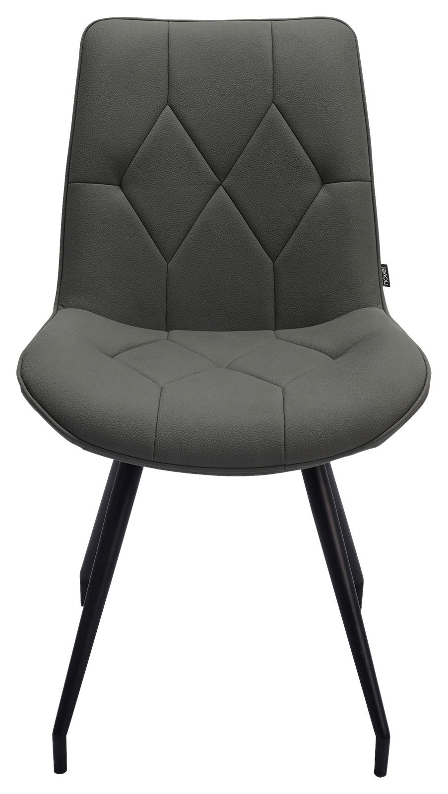 Vorderansicht eines modernen, grauen Stuhls mit gepolsterter Sitzfläche und schwarzen Metallbeinen.