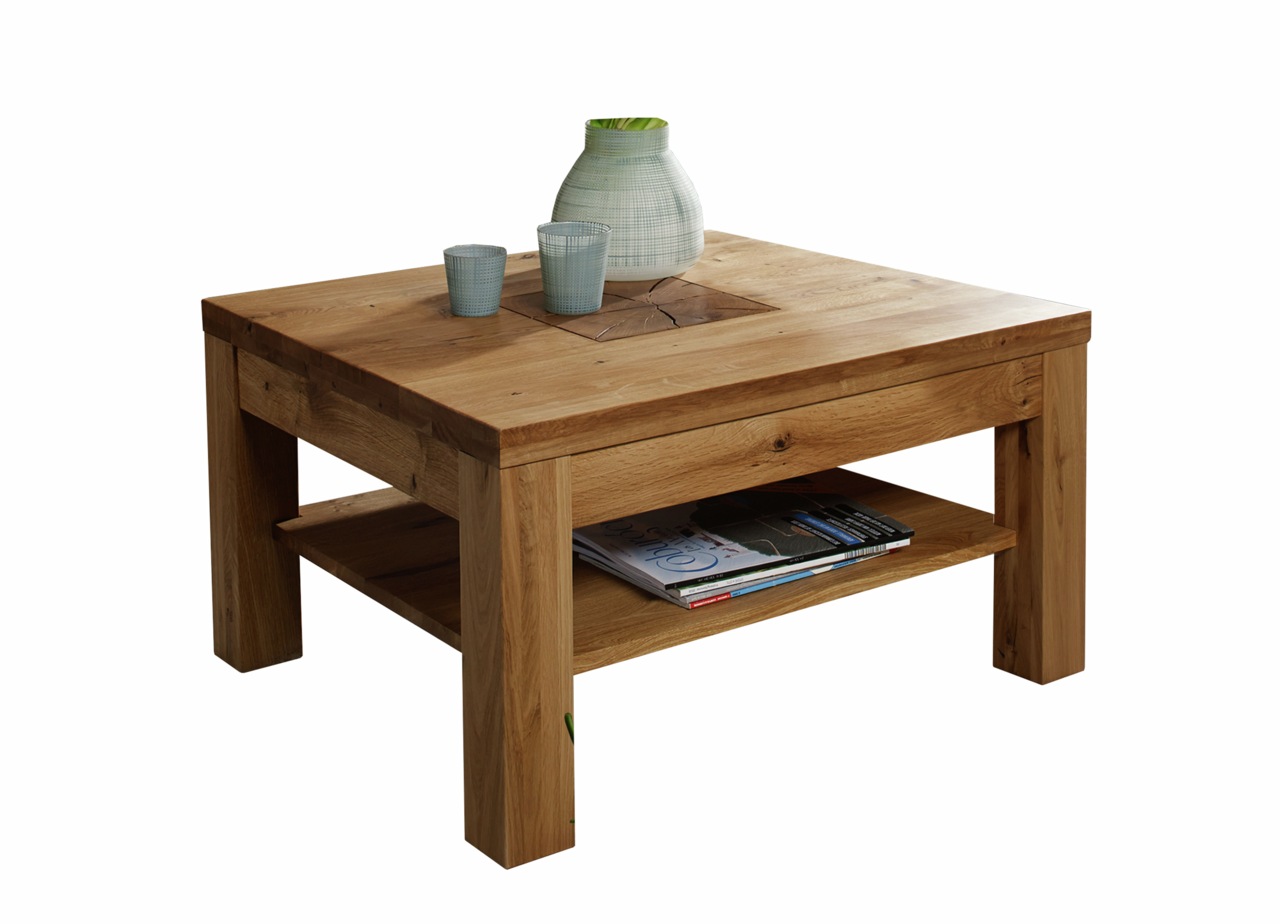 Holz-Couchtisch mit quadratischer Form, dekoriert mit einer Vase und zwei Bechern, seitliche Perspektive