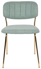 Moderner Stuhl mit mintgrünem Stoffbezug und goldenen Metallbeinen, Frontalansicht.